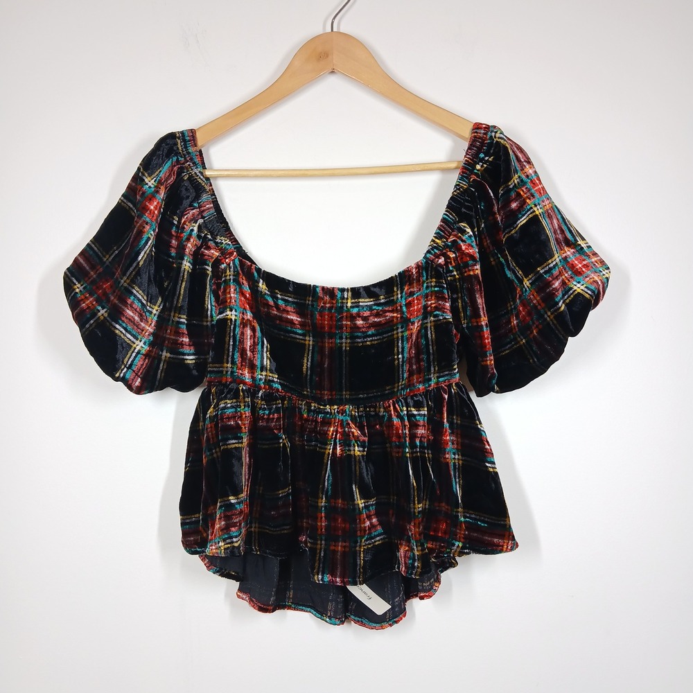 NWT Audrey Paris Top Womens Small Black Plaid Puff Sleeve Coquette Romantic